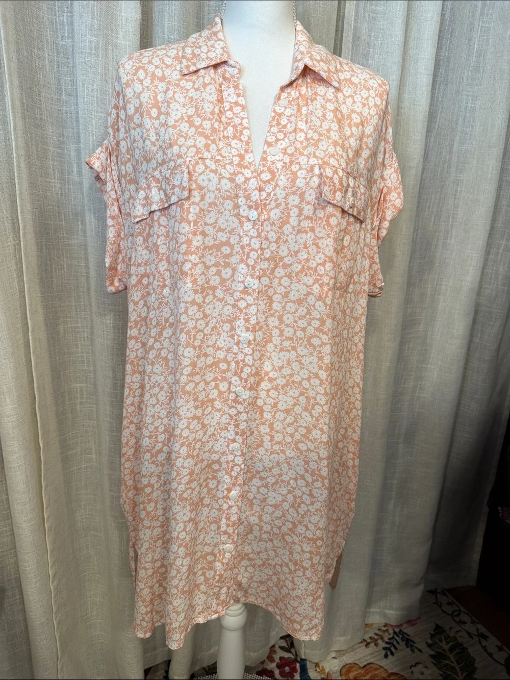 NWT-Lost + Wander Floral Button Front Mini Shirt Dress XS/S NWT Peach Whte Rayon - Picture 1 of 13
